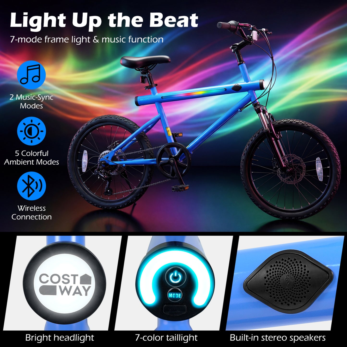 20 Inch Mountain Bike, 6-Speed Shimano, LED Lights, Speakers, Blue Kids Bike at Gallery Canada