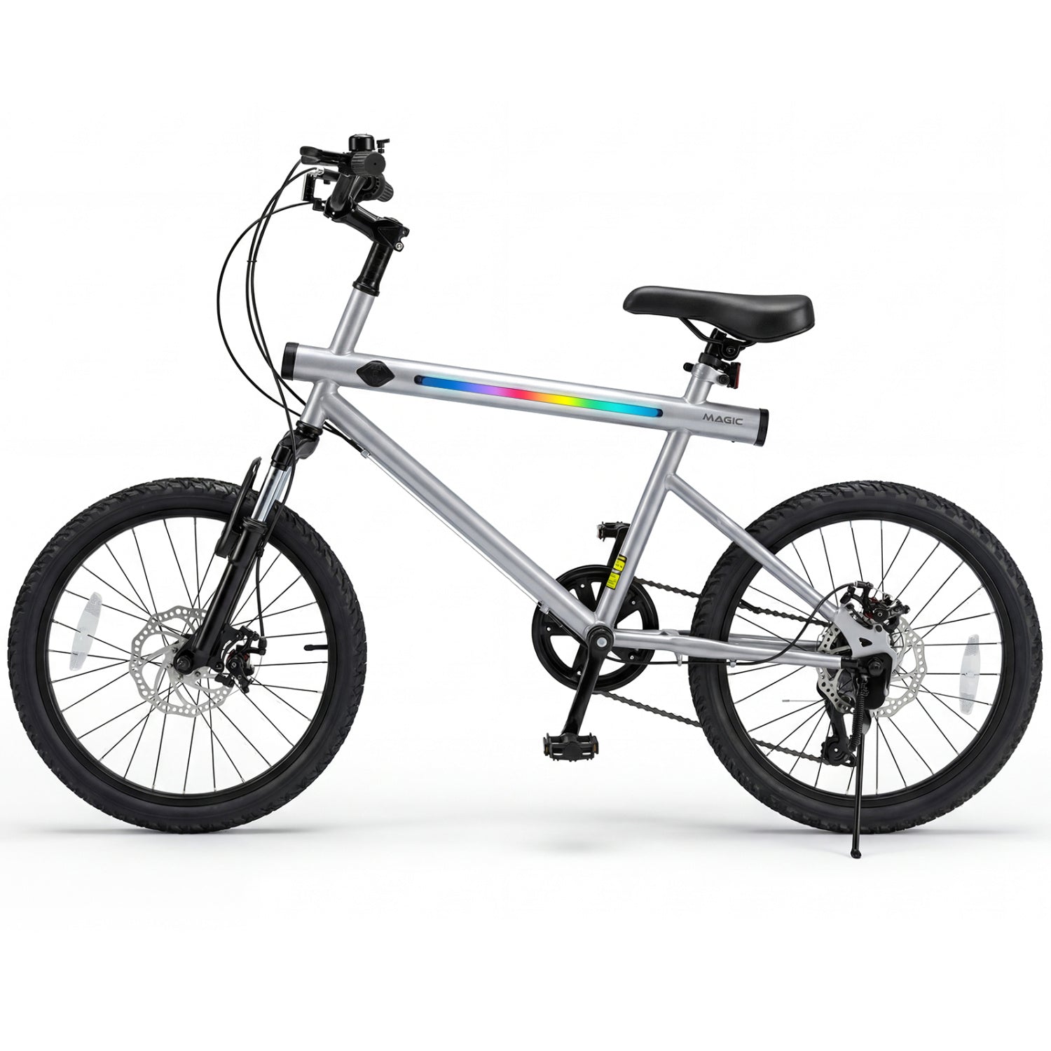 20 Inch Mountain Bike, LED Lights, 6-Speed Shimano, Silver Kids Bike at Gallery Canada