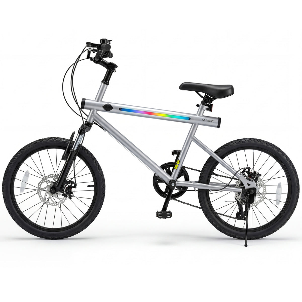20 Inch Mountain Bike, LED Lights, 6-Speed Shimano, Silver Kids Bike at Gallery Canada