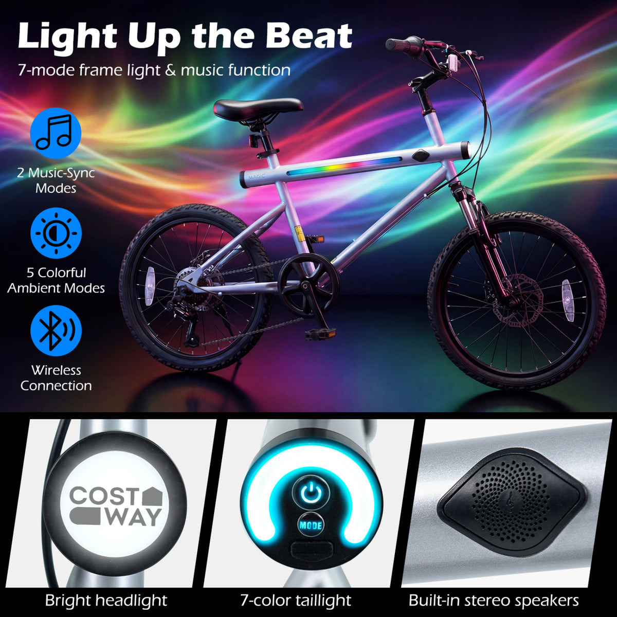 20 Inch Mountain Bike, LED Lights, 6-Speed Shimano, Silver Kids Bike at Gallery Canada