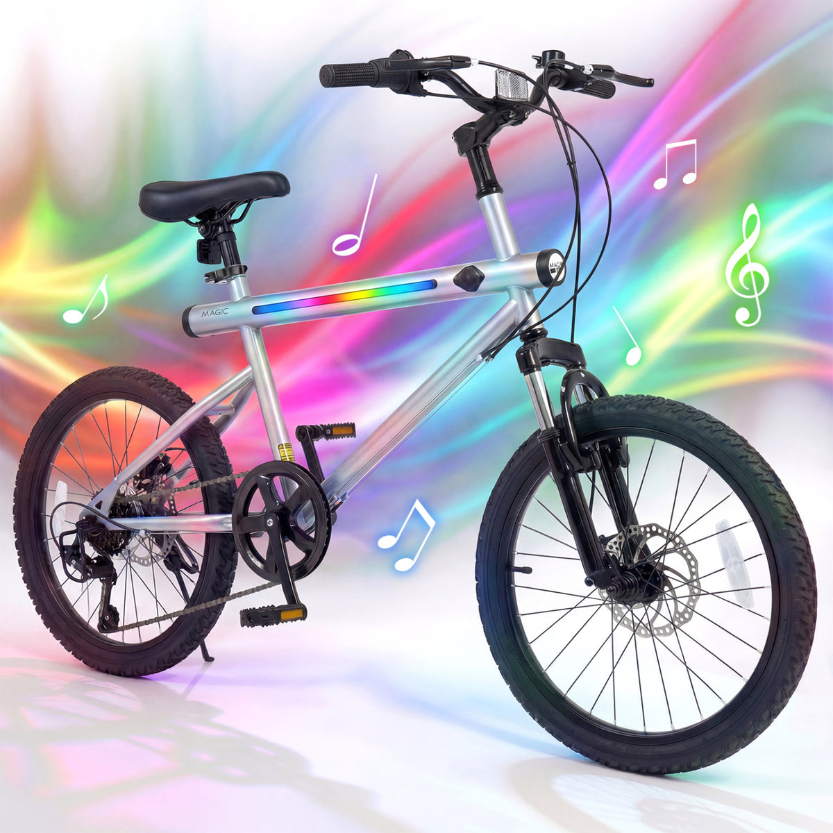 20 Inch Mountain Bike, LED Lights, 6-Speed Shimano, Silver Kids Bike at Gallery Canada