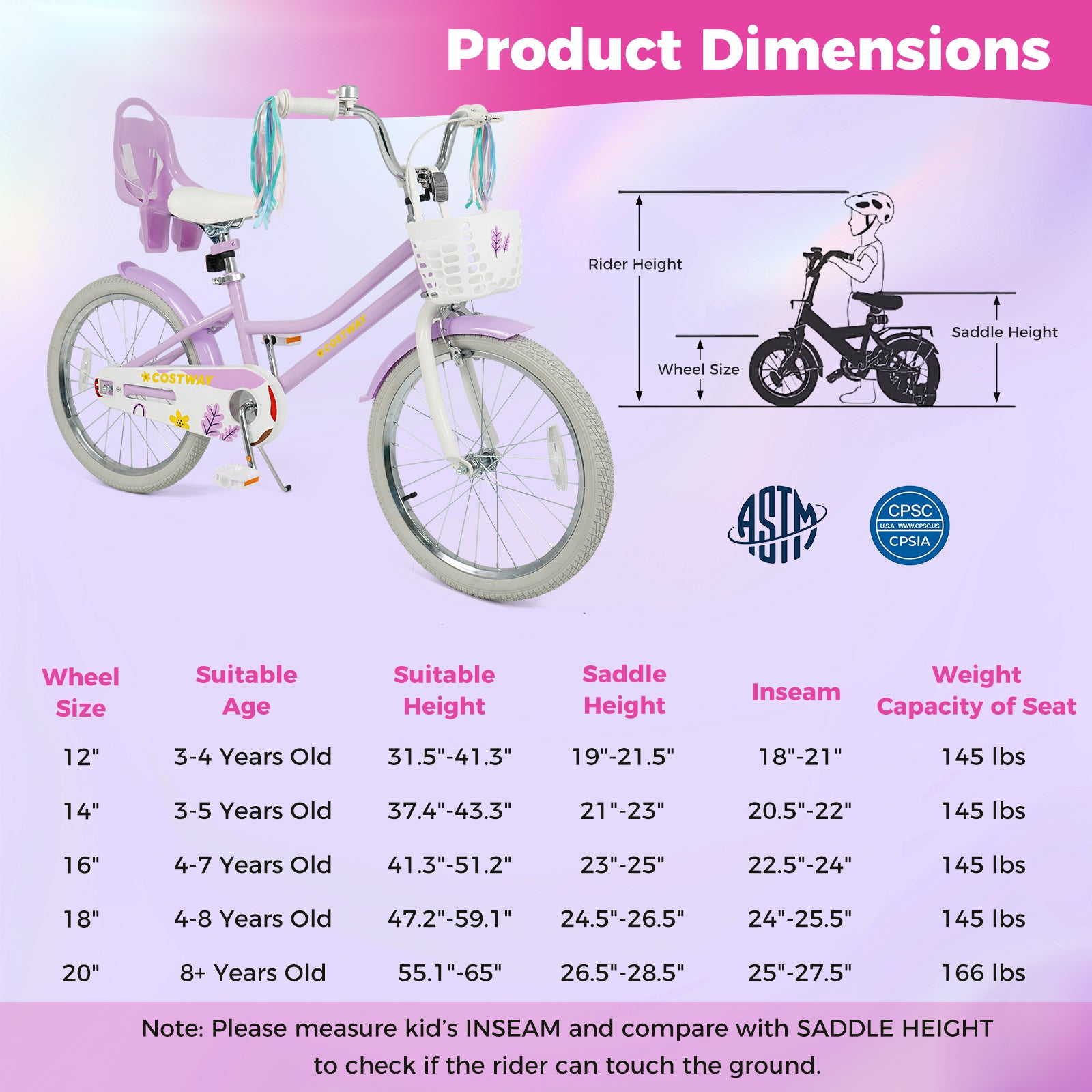 20 Inch Girls Bike Kids Bicycle with Doll Seat and Streamers for 8+ Years Old, Purple Kids Bike at Gallery Canada