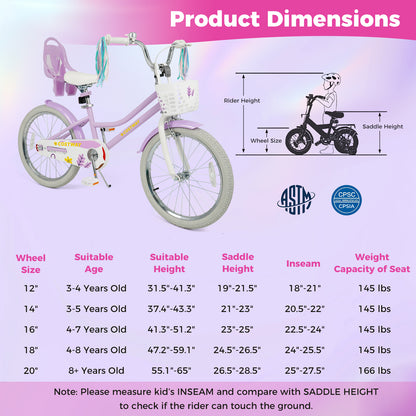 20 Inch Girls Bike Kids Bicycle with Doll Seat and Streamers for 8+ Years Old, Purple Kids Bike at Gallery Canada