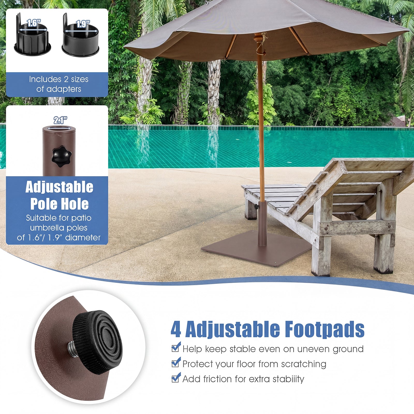 20 Inches Patio Umbrella Base Stand with 4 Adjustable Footpads, Brown Outdoor Umbrella Bases at Gallery Canada