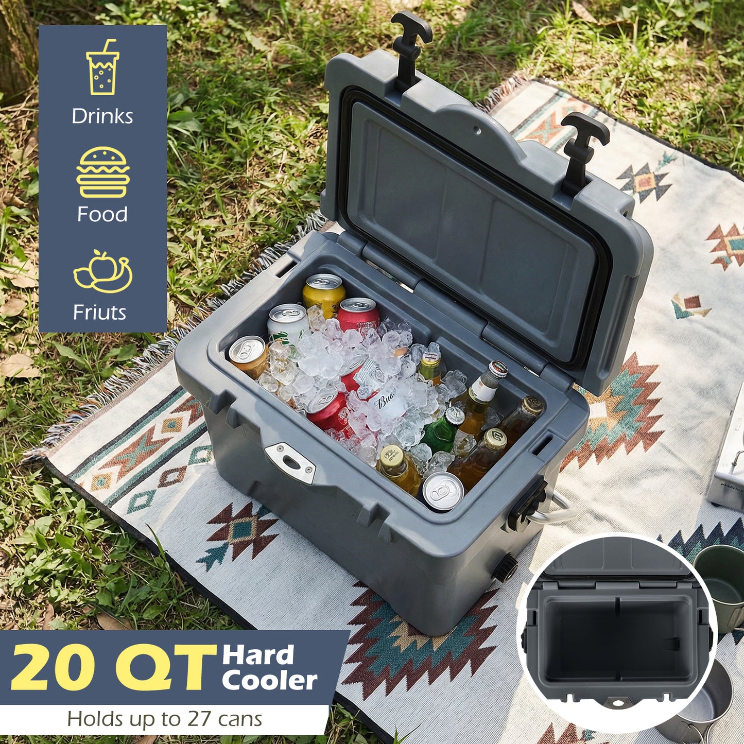 20 Quart Portable Hard Cooler, Built-In Ruler And Bottle, Gray Coolers at Gallery Canada