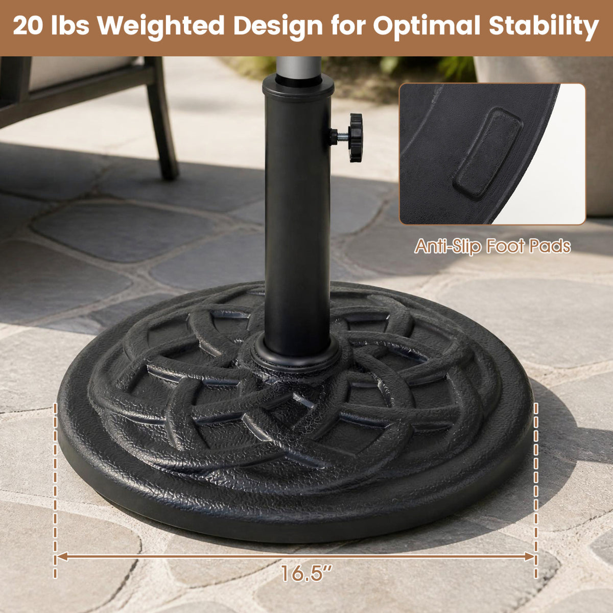 Base de parasol de patio de 20 lb, 17 po rond, compatible avec poteaux de 1,5 po et 1,9 po, noir