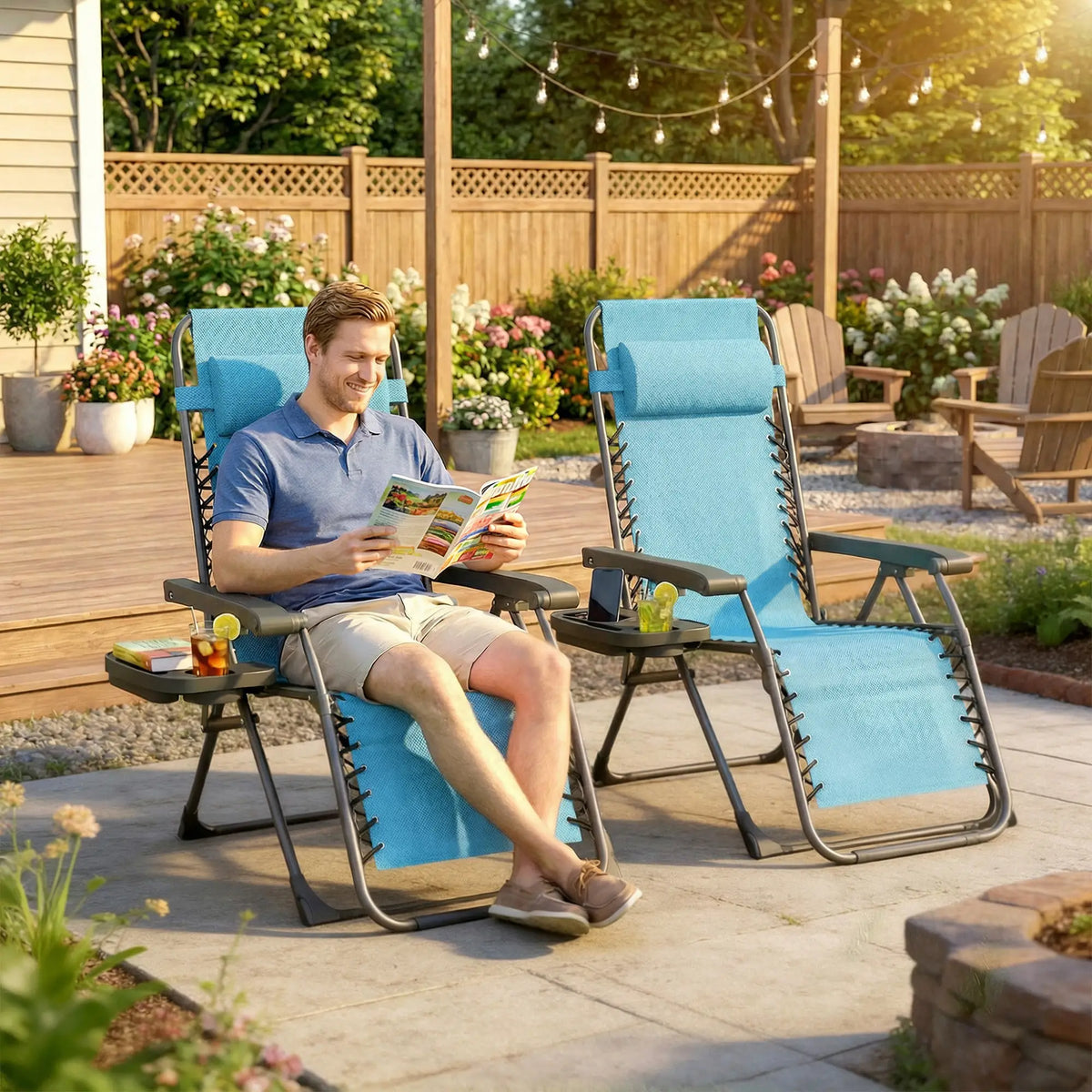 Folding Reclining Outdoor Lounge Chair, Set of 2, Sky Blue Lounger Chairs at Gallery Canada
