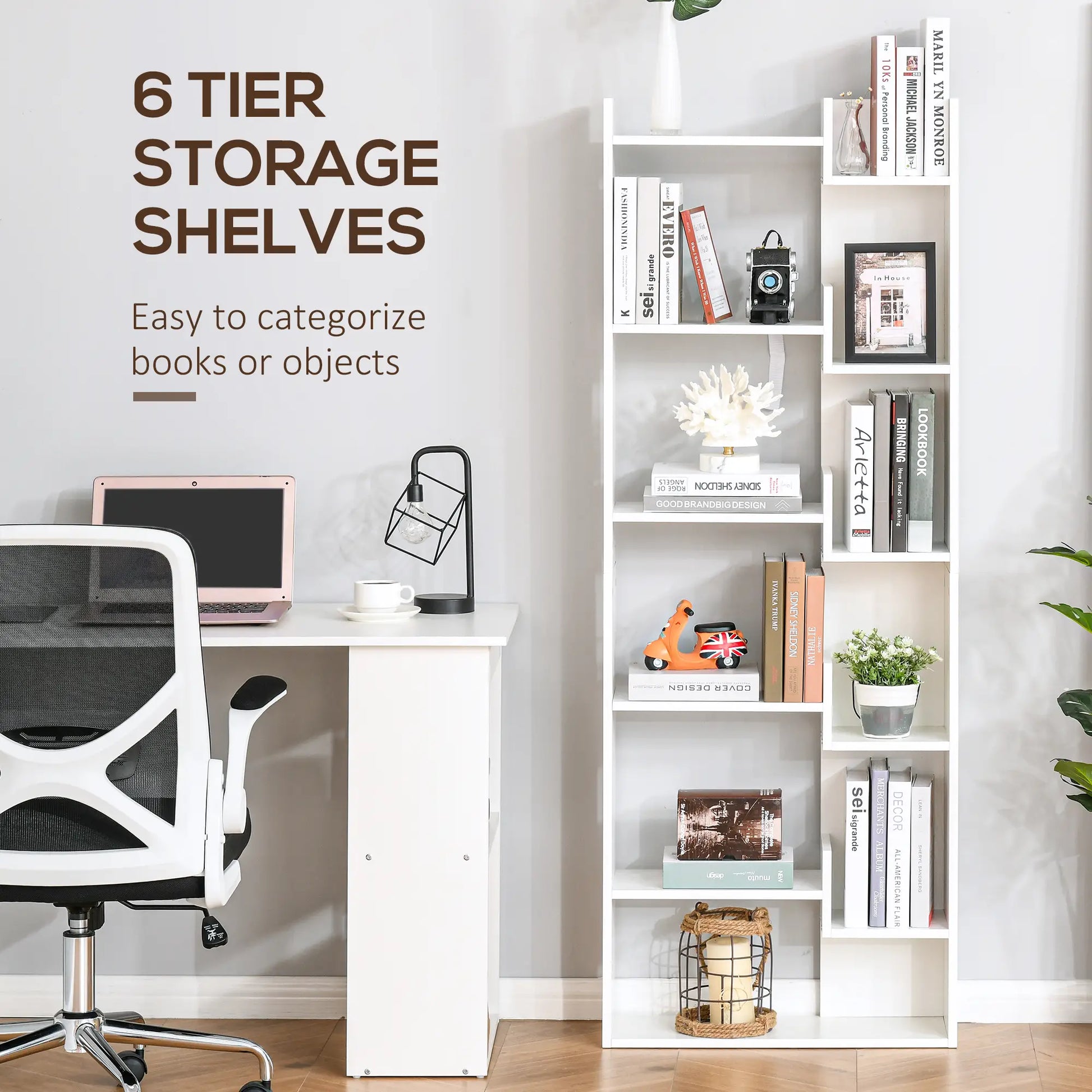 6-Tier Tall Bookcase, Modern Storage Bookshelf, White Display Bookshelves at Gallery Canada
