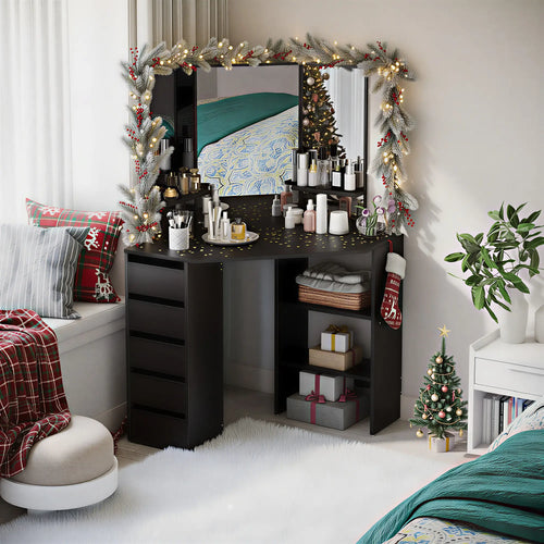 Corner Vanity Desk with Mirror, 5 Drawers, 3-Piece Mirror, Black