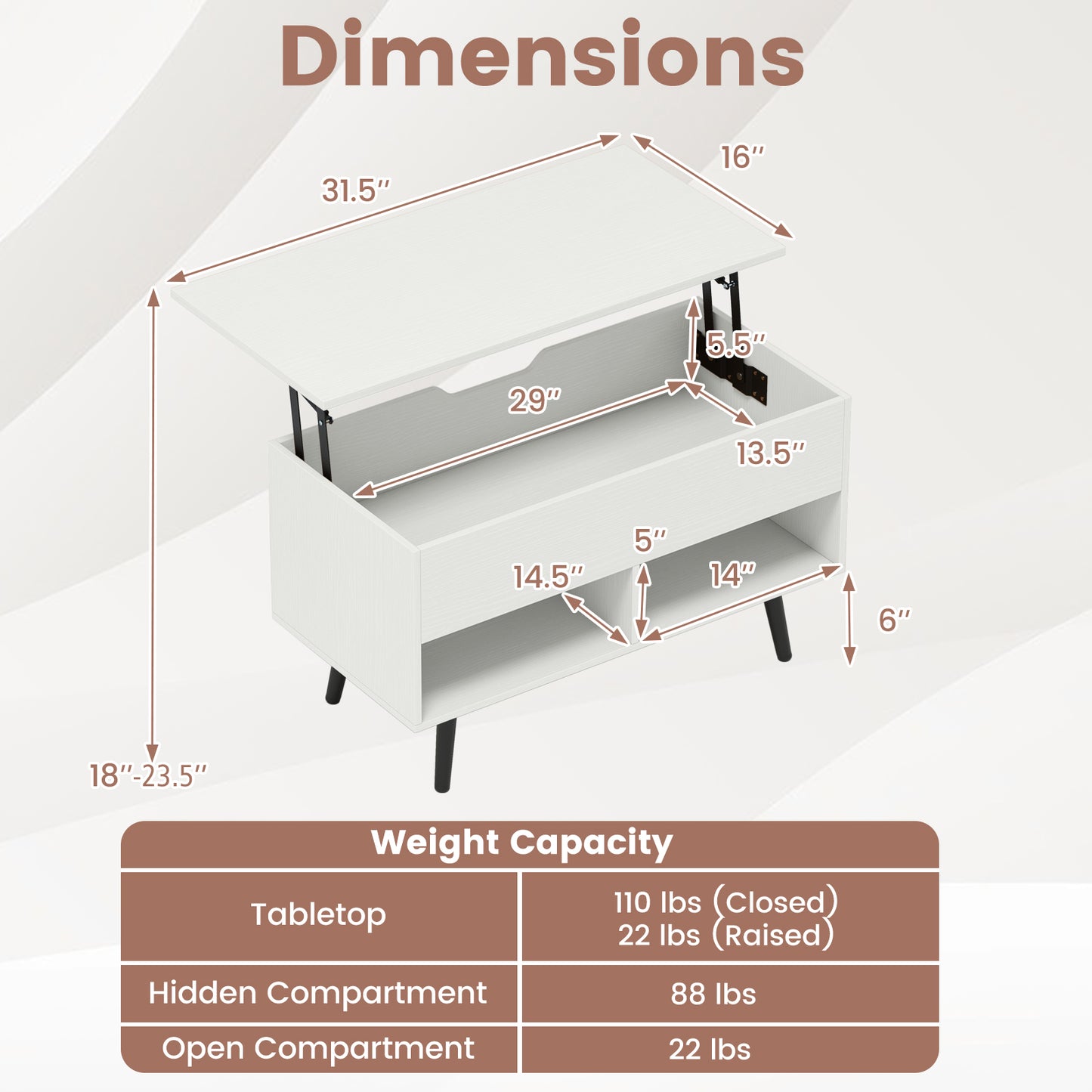 31.5 Inch Lift-Top Coffee Table, Hidden Storage, 2 Shelves, White Living Room at Gallery Canada