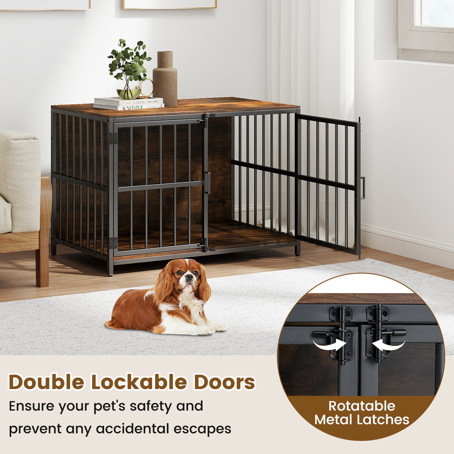 40 Inch Dog Crate Furniture Dog Kennel with Dual Lockable Double Doors, Rustic Brown Dog Kennels at Gallery Canada