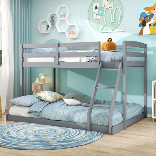 Twin Over Full Bunk Bed Low Floor Bunk Bed Frame, Gray