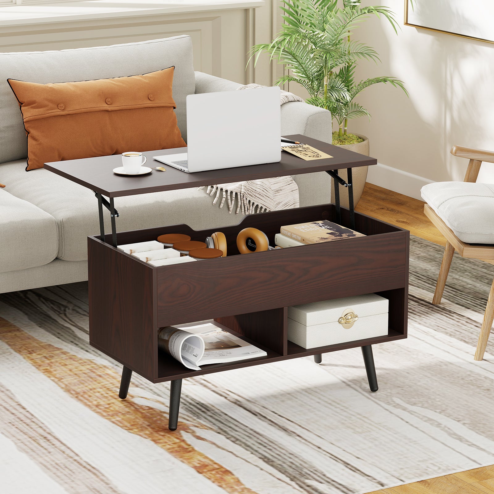 31.5 Inch Lift-Top Coffee Table with Hidden Storage and 2 Open Shelves, Brown Living Room at Gallery Canada