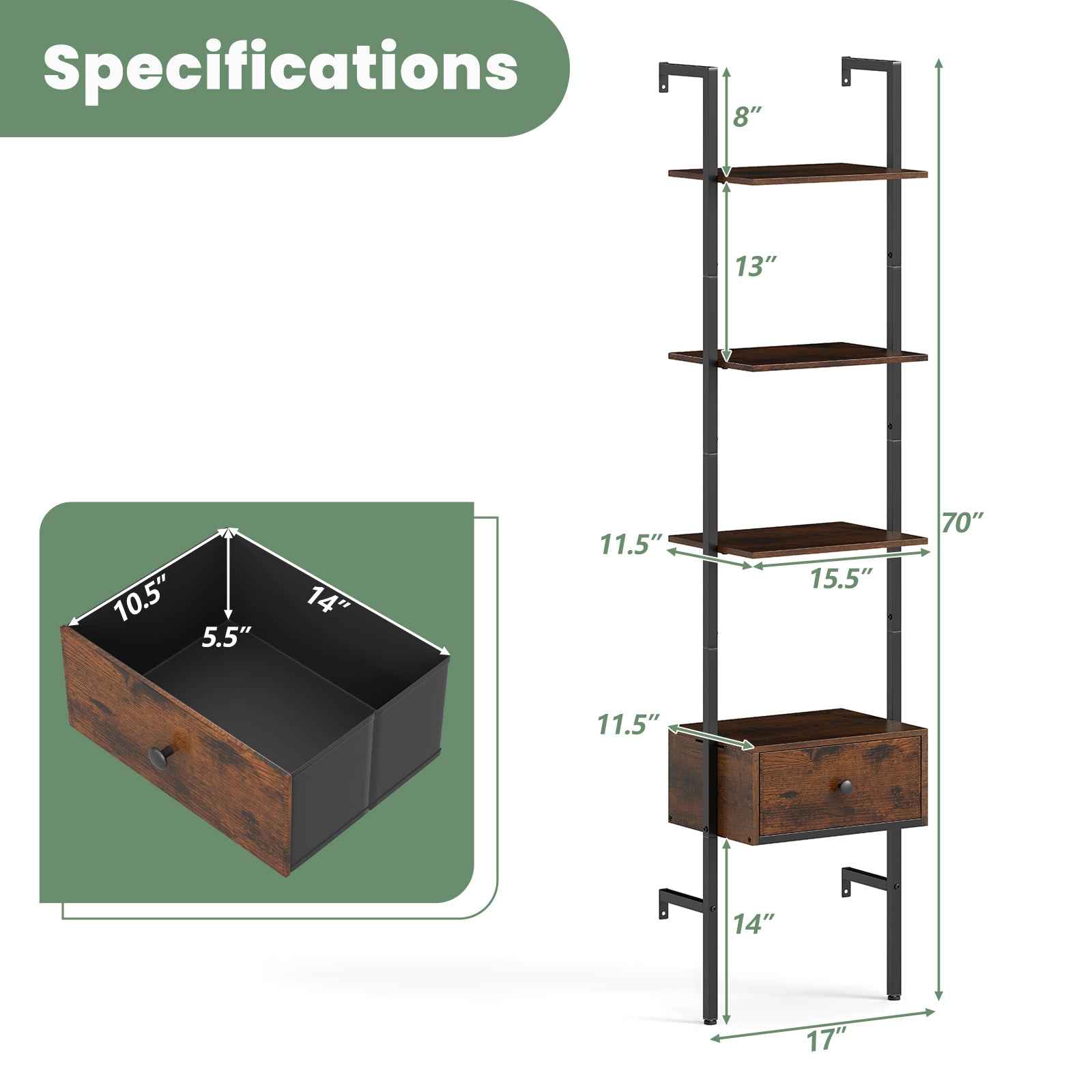 5-Tier Ladder Bookcase with Drawer and Metal Frame for Study Home Office, Rustic Brown Bookcases at Gallery Canada