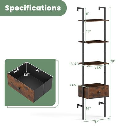 5-Tier Ladder Bookcase with Drawer and Metal Frame for Study Home Office, Rustic Brown Bookcases at Gallery Canada