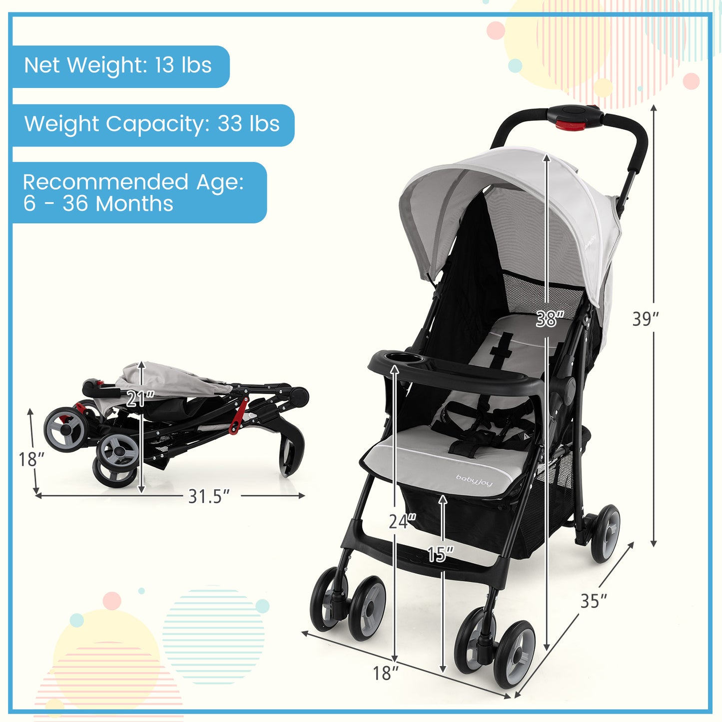 Toddler Travel Stroller, Airplane, Canopy, Adjustable Backrest, Gray Baby Strollers at Gallery Canada