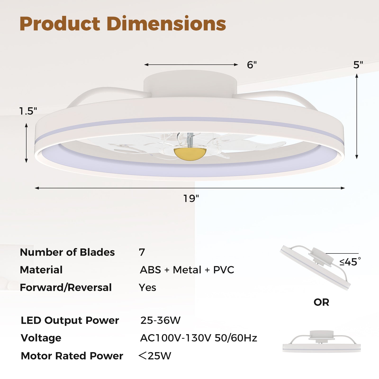 19 Inch Ceiling Fan Low Profile Flush Mount Fan with 3000-6500K Dimmable LED, White Ceiling Fans at Gallery Canada