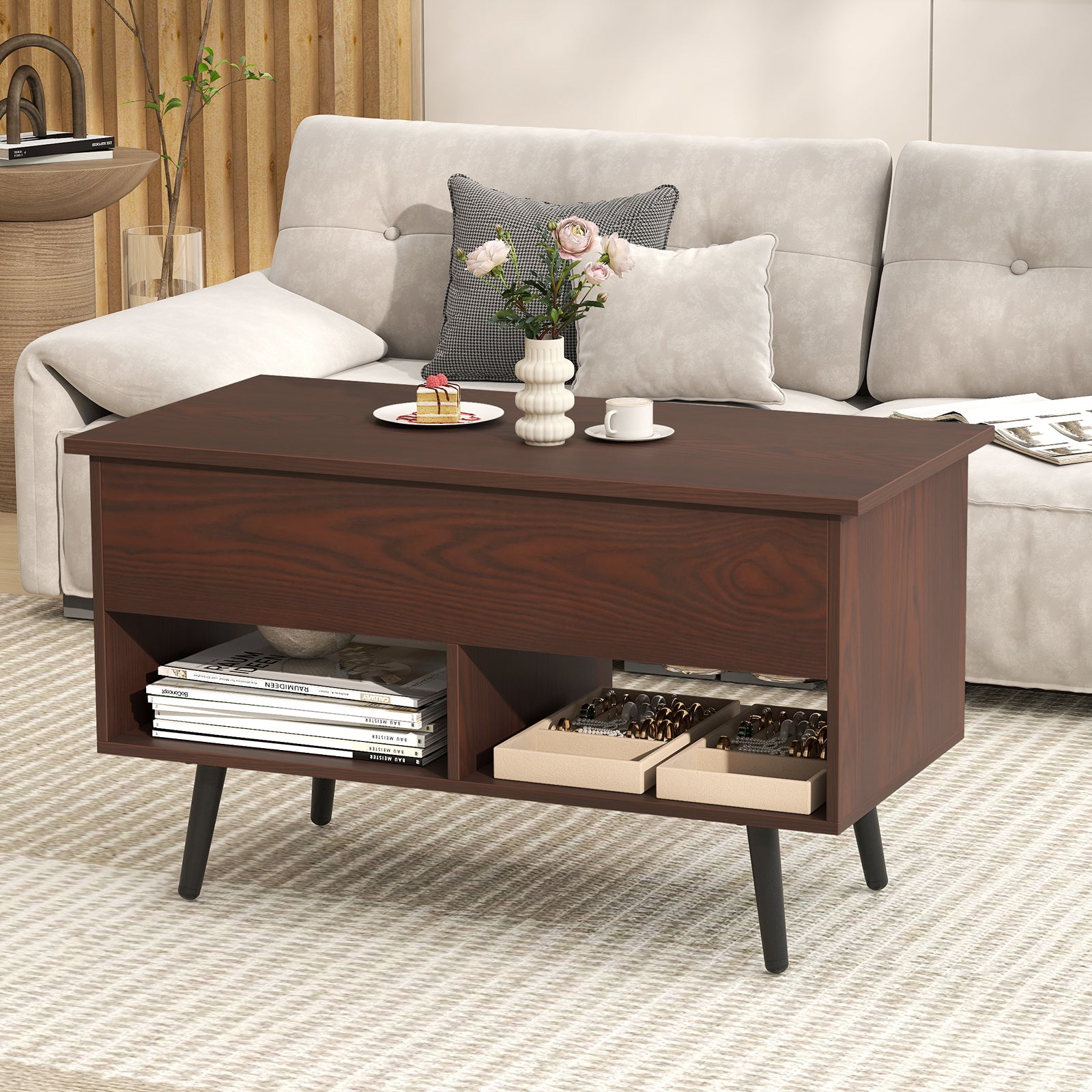 31.5 Inch Lift-Top Coffee Table with Hidden Storage and 2 Open Shelves, Brown Living Room at Gallery Canada