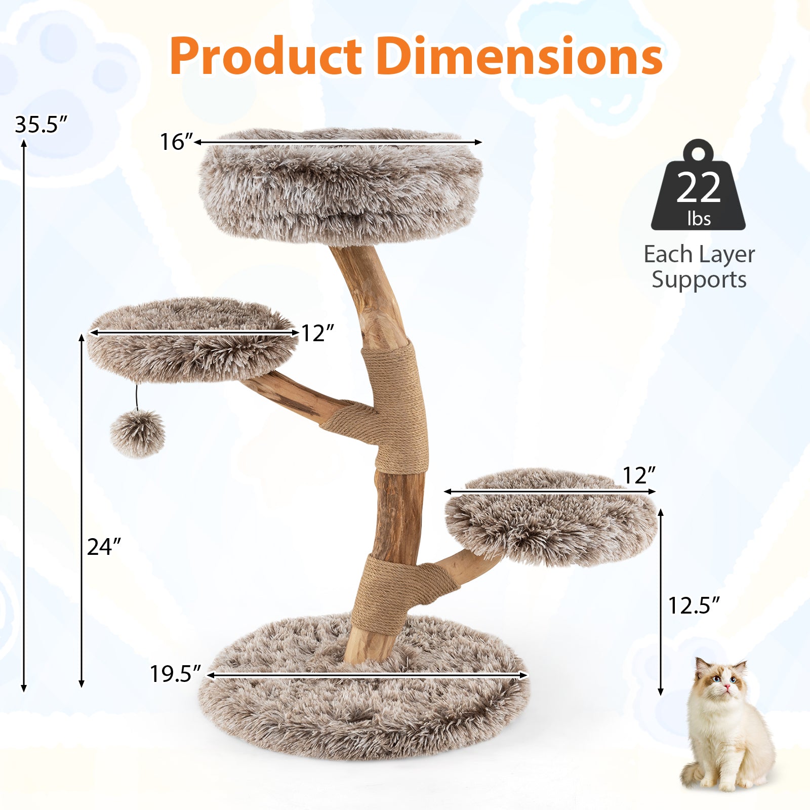 Cat Tree Solid Pear Wood with Perch and Natural Jute Scratching Posts, Brown Cat Trees Condos & Scratchers at Gallery Canada