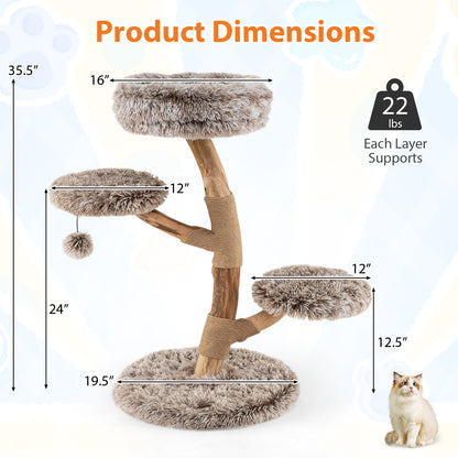 Cat Tree Solid Pear Wood with Perch and Natural Jute Scratching Posts, Brown Cat Trees Condos & Scratchers at Gallery Canada