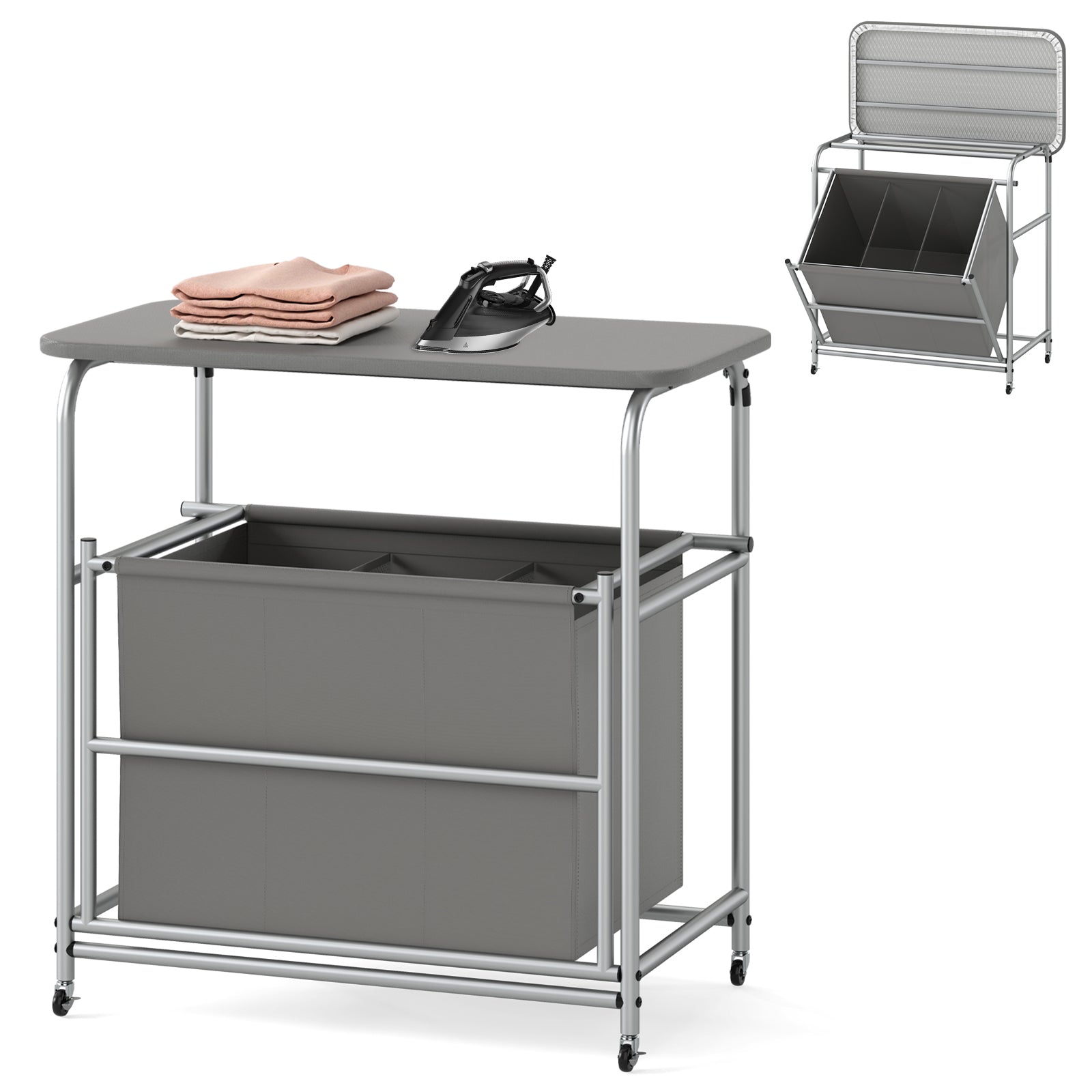 3-Section Laundry Sorter with Foldable Ironing Board and Lockable Wheels, Gray Laundry Baskets at Gallery Canada