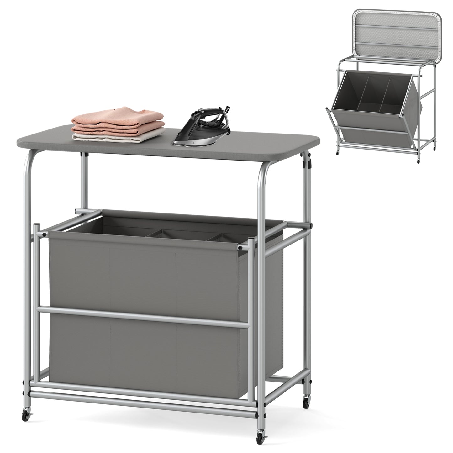 3-Section Laundry Sorter with Foldable Ironing Board and Lockable Wheels, Gray Laundry Baskets at Gallery Canada