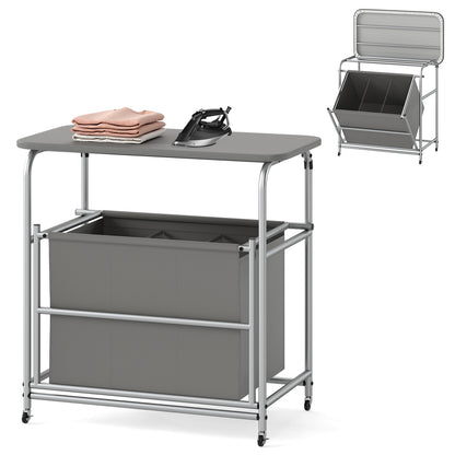3-Section Laundry Sorter with Foldable Ironing Board and Lockable Wheels, Gray Laundry Baskets at Gallery Canada