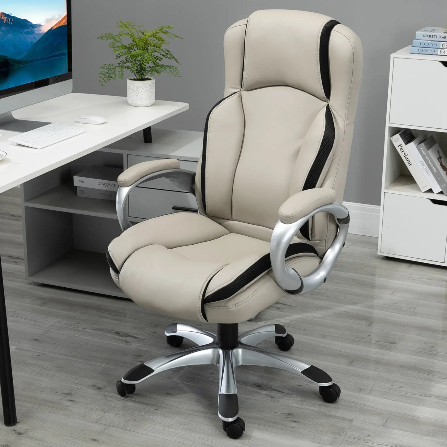 PU Leather Executive Office Chair, Height Adjustable Swivel, Black, Greige Executive & Manager Chairs at Gallery Canada