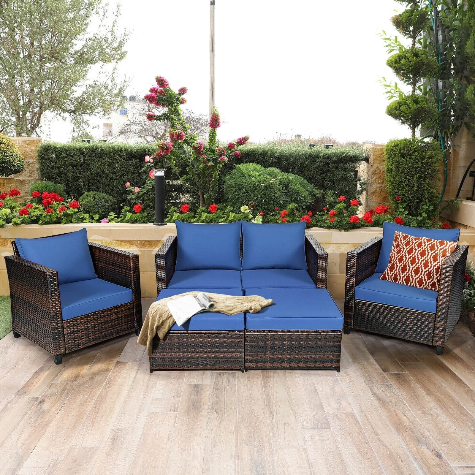 5 Piece Patio Cushioned Rattan Furniture Set, Navy Outdoor Sectionals at Gallery Canada