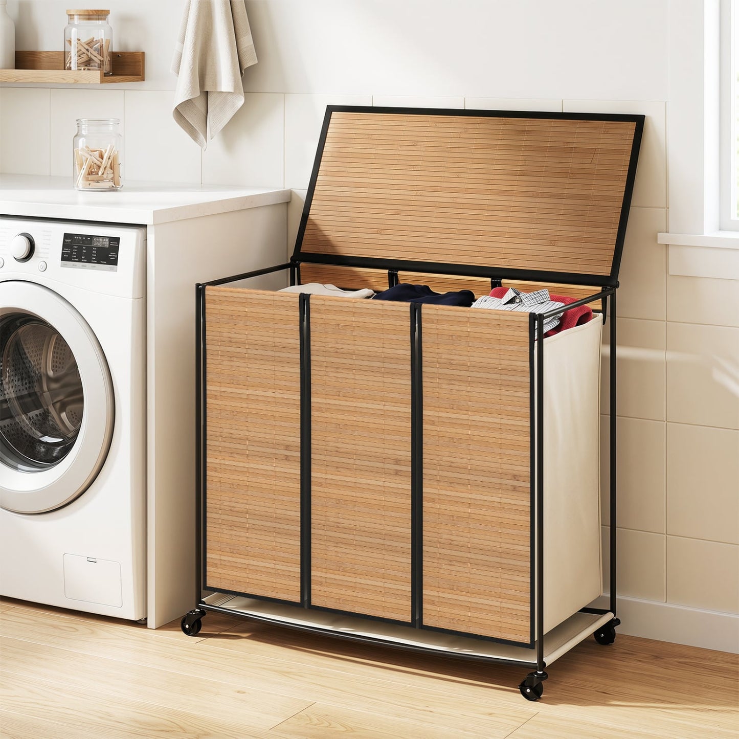 21.4 Gal Laundry Hamper With Lid, 3-Section, Lockable Wheels, Natural