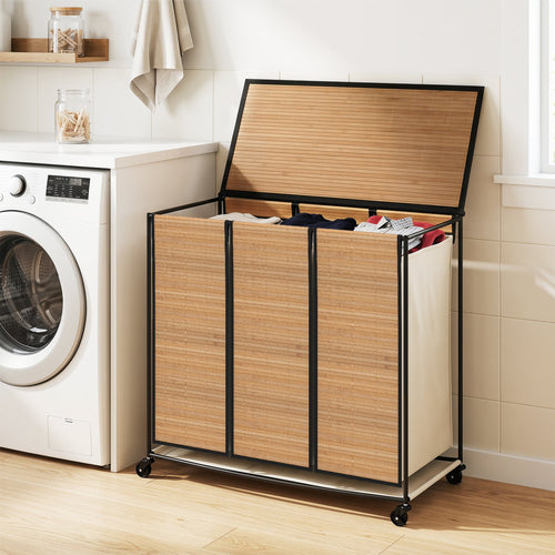 21.4 Gal Laundry Hamper With Lid, 3-Section, Lockable Wheels, Natural