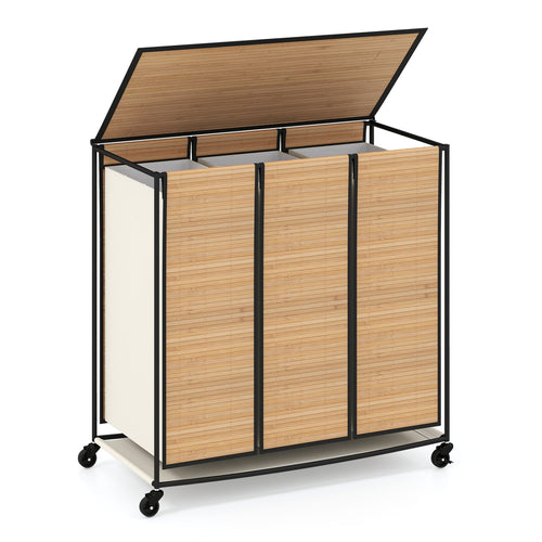 21.4 Gal Laundry Hamper With Lid, 3-Section, Lockable Wheels, Natural