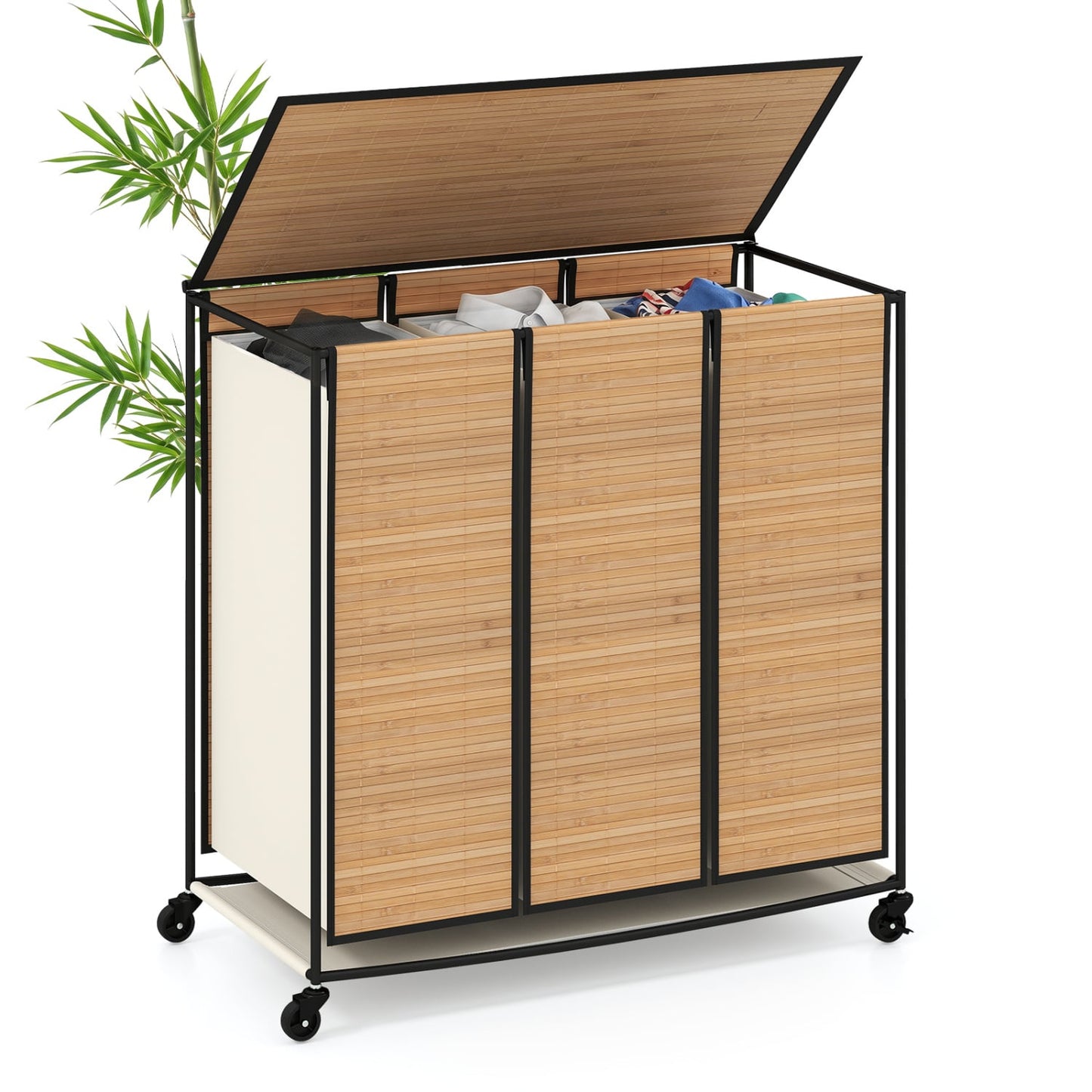 21.4 Gal Laundry Hamper With Lid, 3-Section, Lockable Wheels, Natural