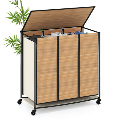 21.4 Gal Laundry Hamper With Lid, 3-Section, Lockable Wheels, Natural