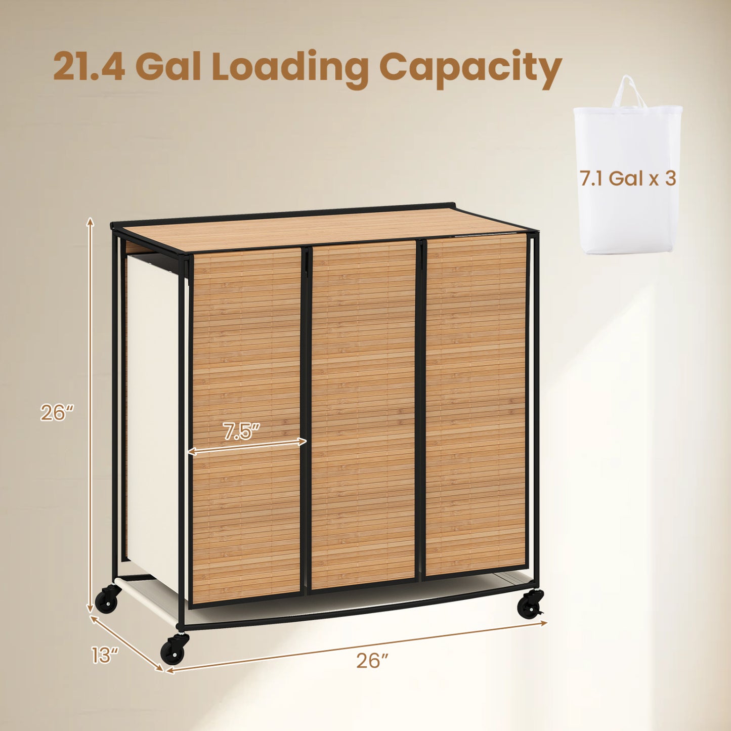 21.4 Gal Laundry Hamper With Lid, 3-Section, Lockable Wheels, Natural