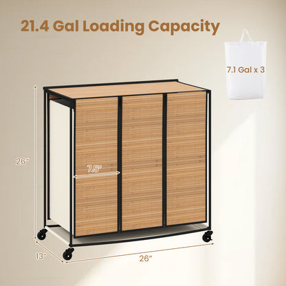 21.4 Gal Laundry Hamper With Lid, 3-Section, Lockable Wheels, Natural