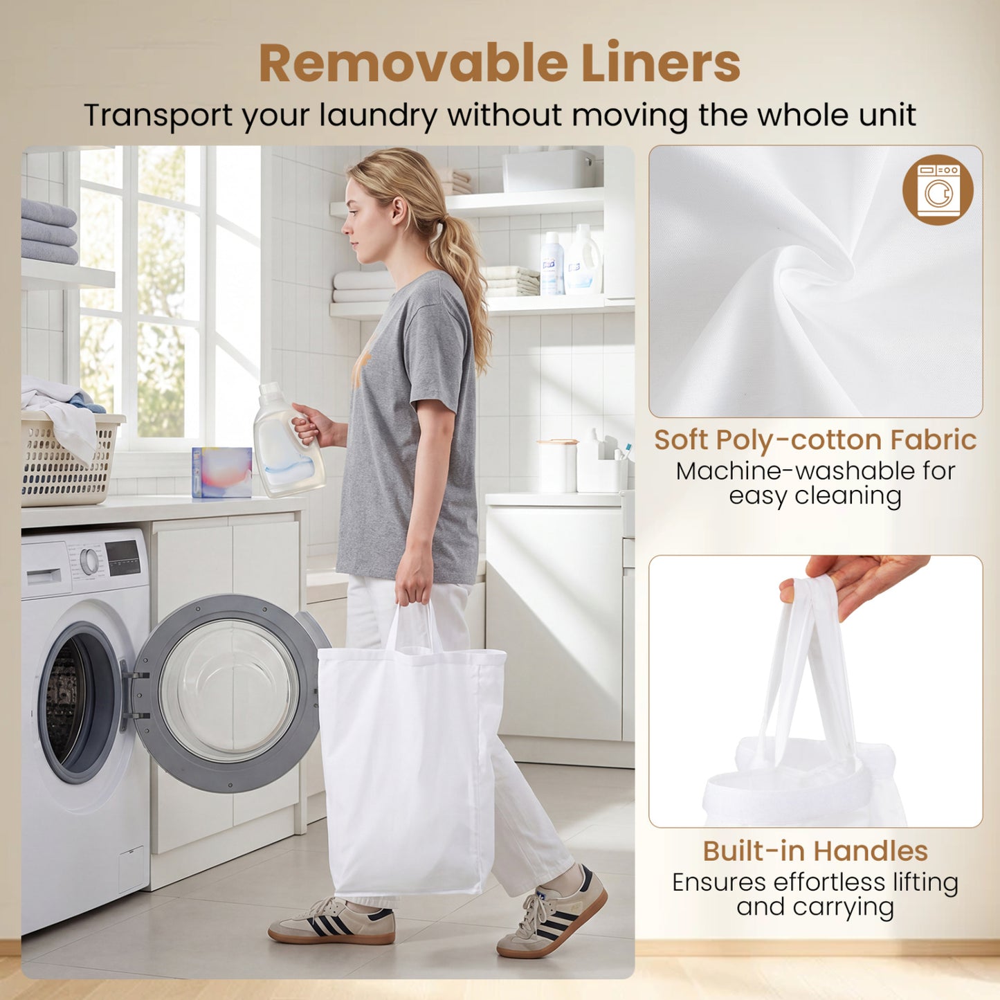 21.4 Gal Laundry Hamper With Lid, 3-Section, Lockable Wheels, Natural