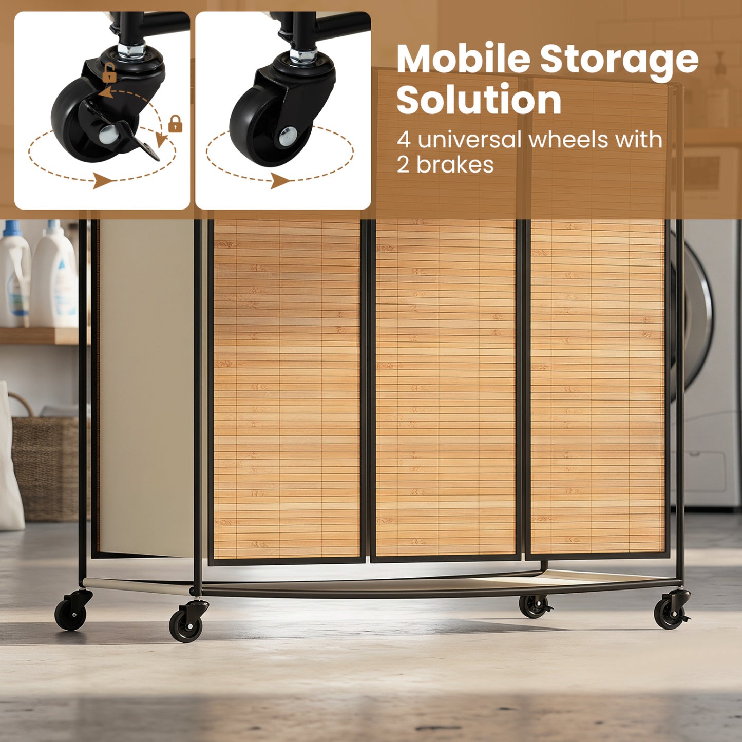 21.4 Gal Laundry Hamper With Lid, 3-Section, Lockable Wheels, Natural