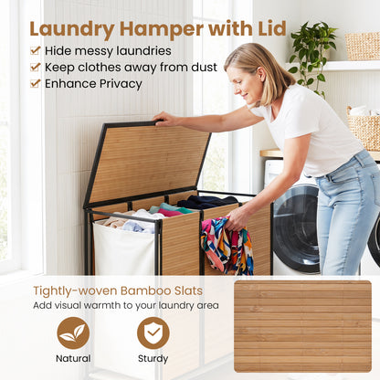 21.4 Gal Laundry Hamper With Lid, 3-Section, Lockable Wheels, Natural