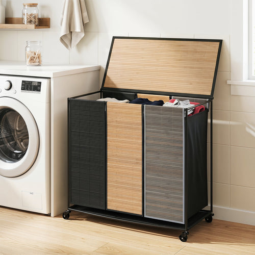 21.4 Gal Laundry Hamper, 3-Section, Lockable Wheels, Black Gray