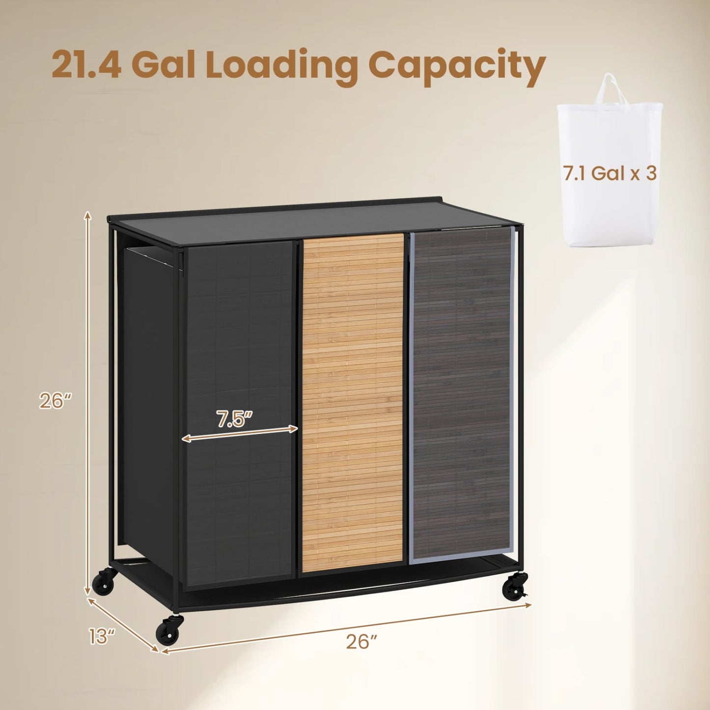 21.4 Gal Laundry Hamper, 3-Section, Lockable Wheels, Black Gray