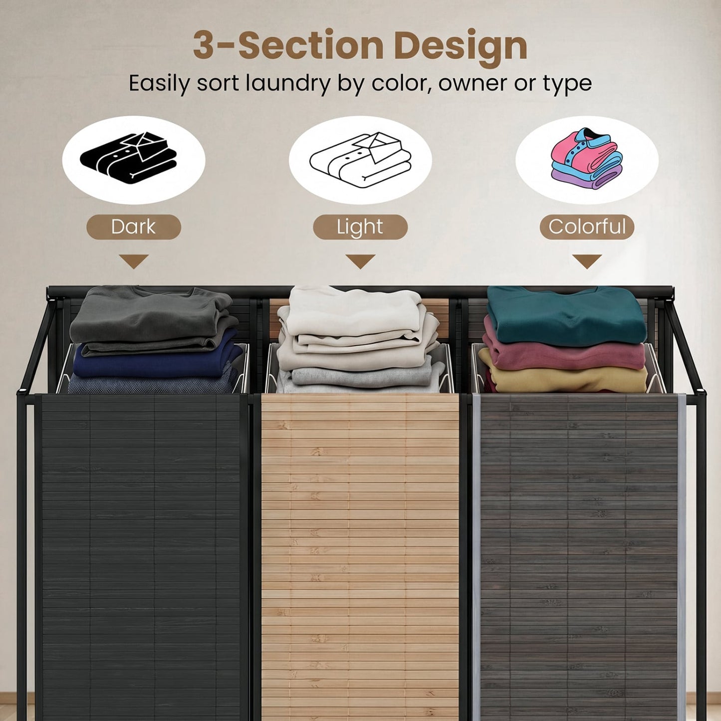 21.4 Gal Laundry Hamper, 3-Section, Lockable Wheels, Black Gray