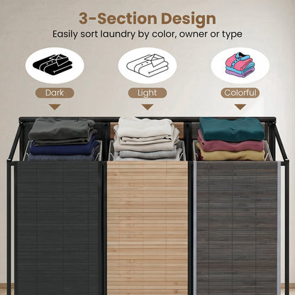 21.4 Gal Laundry Hamper, 3-Section, Lockable Wheels, Black Gray