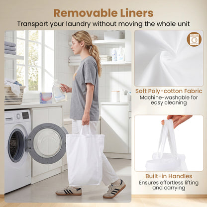 21.4 Gal Laundry Hamper, 3-Section, Lockable Wheels, Black Gray