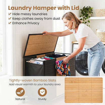 21.4 Gal Laundry Hamper, 3-Section, Lockable Wheels, Black Gray