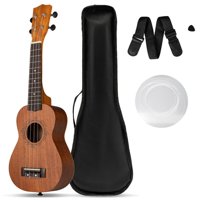 21 Inch Soprano Mahogany Wooden Ukelele Set with Adjustable Strap, Natural Guitar & Strings at Gallery Canada