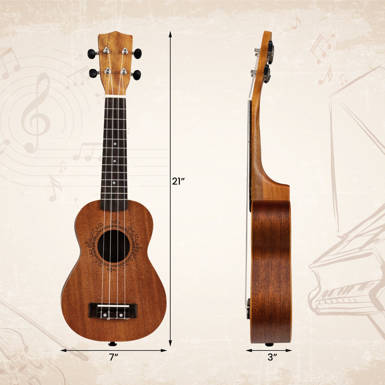 21 Inch Soprano Mahogany Wooden Ukelele Set with Adjustable Strap, Natural Guitar & Strings at Gallery Canada