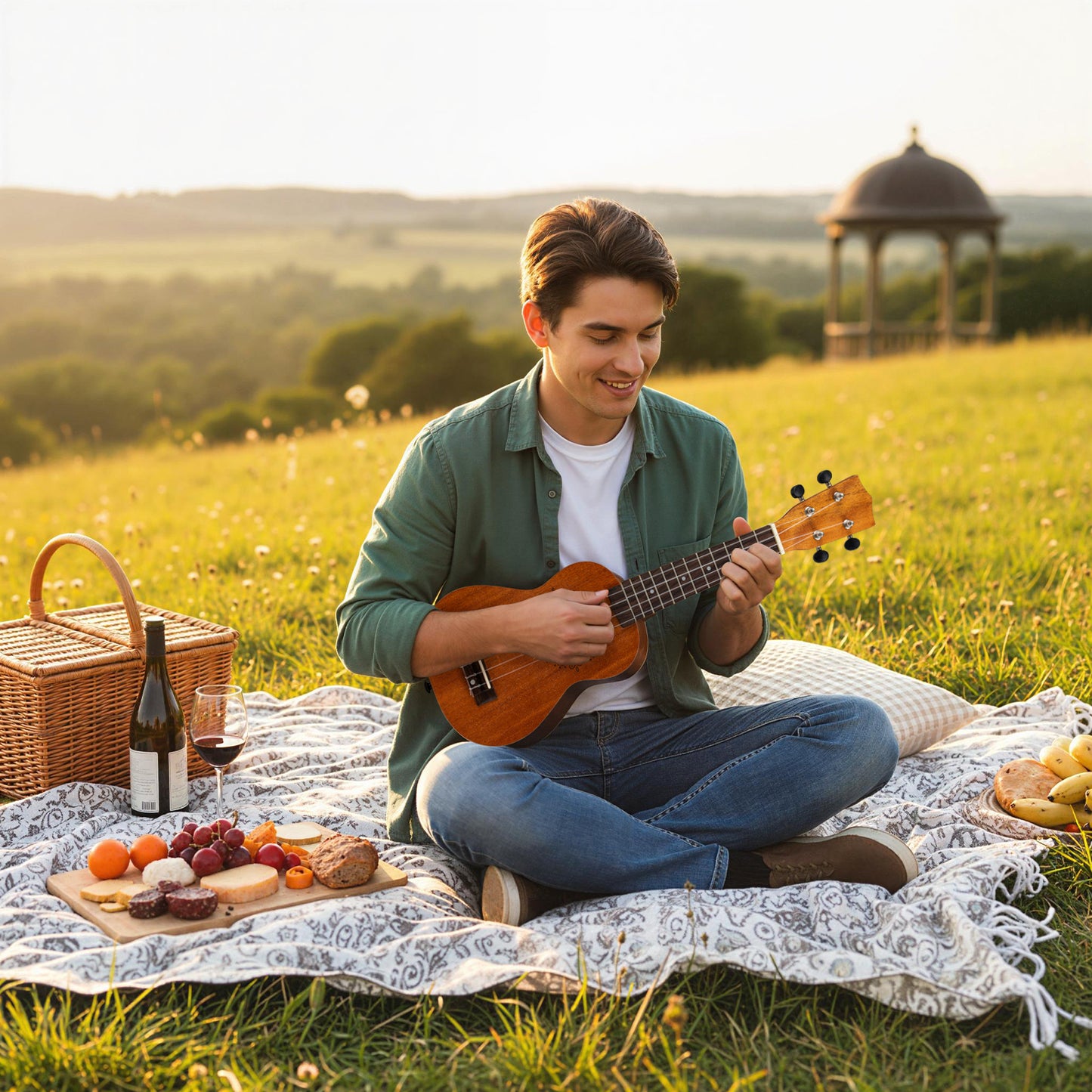 21 Inch Soprano Mahogany Wooden Ukelele Set with Adjustable Strap, Natural Guitar & Strings at Gallery Canada