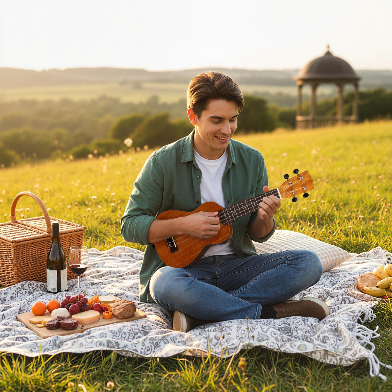 21 Inch Soprano Mahogany Wooden Ukelele Set with Adjustable Strap, Natural Guitar & Strings at Gallery Canada