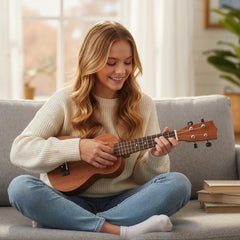 21 Inch Soprano Mahogany Wooden Ukelele Set with Adjustable Strap, Natural Guitar & Strings Natural at Gallery Canada
